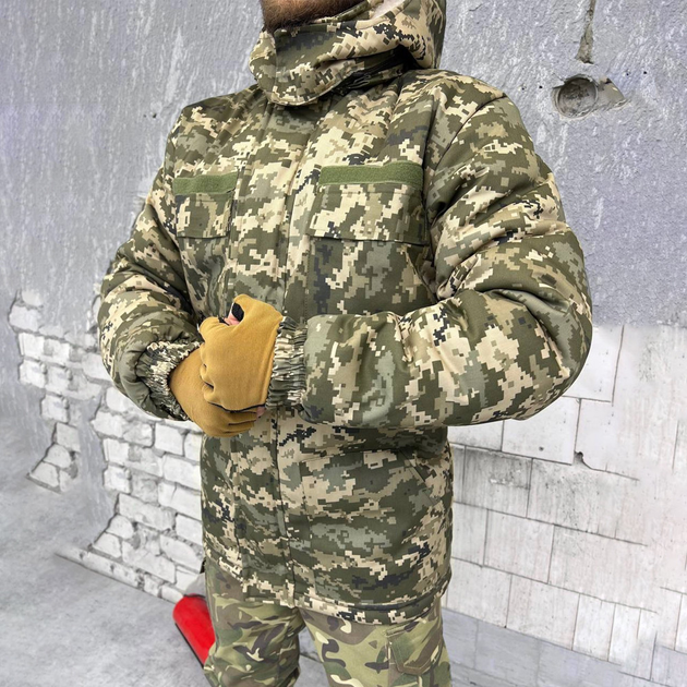 Мужская Зимняя Куртка на синтепоне с меховой подкладкой / Бушлат из саржи пиксель размер M - изображение 2