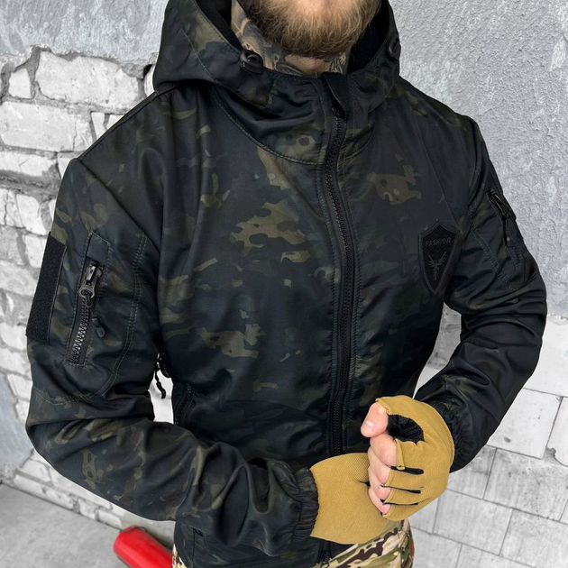 Демісезонна чоловіча Куртка Softshell на флісі з Капюшоном та Липучками під шеврони чорний мультикам розмір 2XL - зображення 1