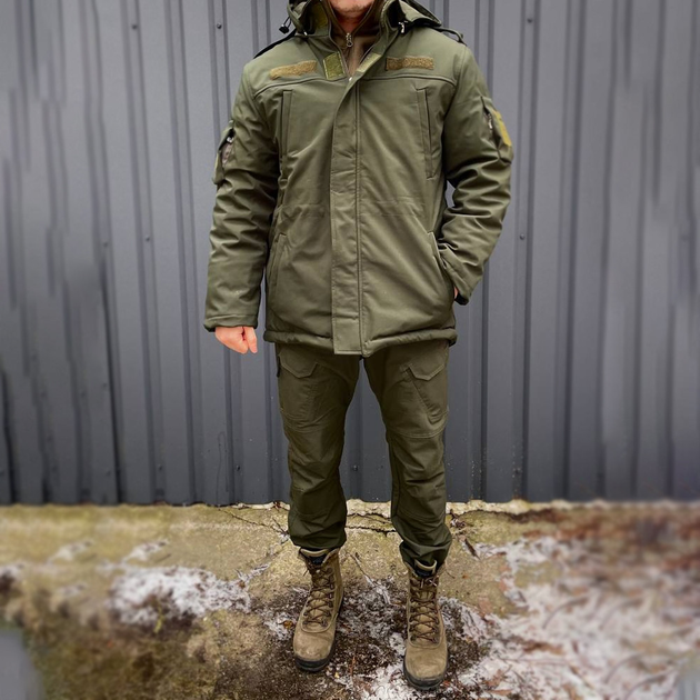 Мужская Зимняя Куртка на синтепоне с флисовой подкладкой / Водоотталкивающий Бушлат олива размер XL - изображение 1