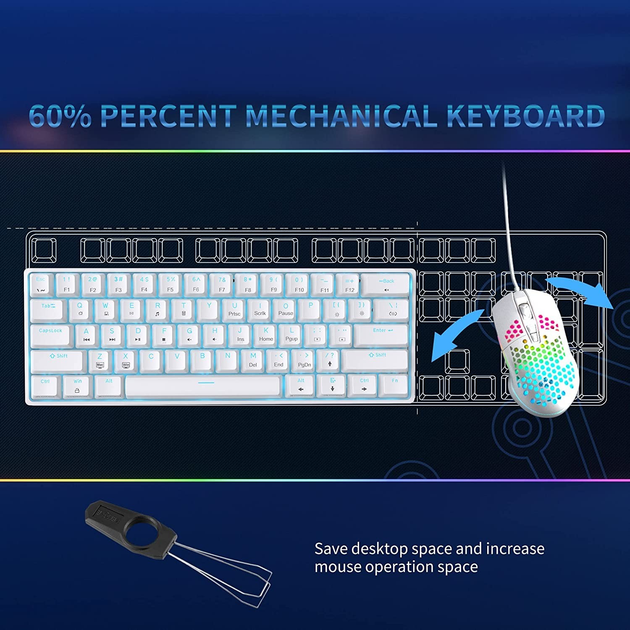 Механическая игровая клавиатура Dierya 60% с переключателями Clicky, Type-C, 61 клавиша (раскладка ENG-UA, QWERTY, Brown Switch) белый - изображение 5