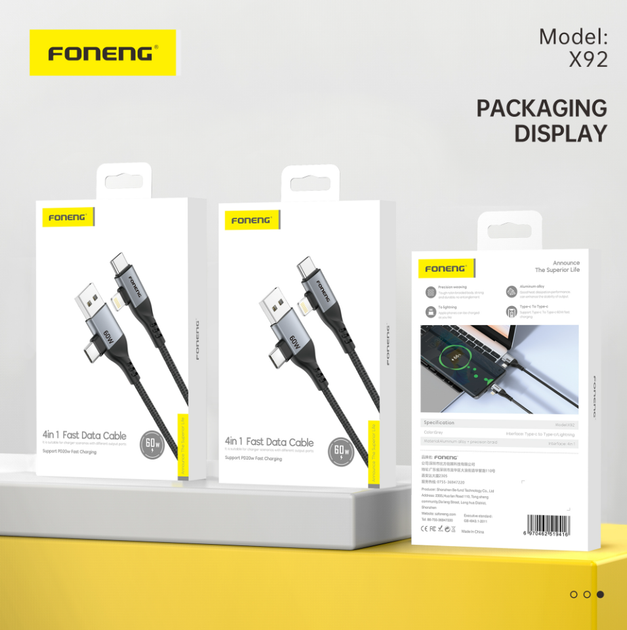Кабель Foneng X92 1M 4-in-1 (60W) USB Type-C/USB Type A to Apple Lightning/USB Type C - изображение 7