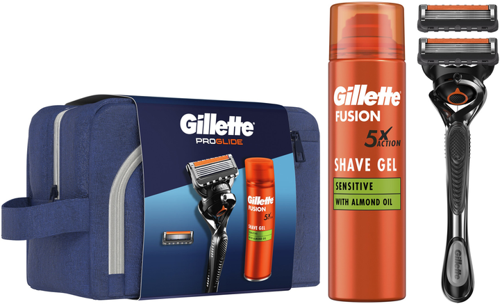 Zestaw kosmetyków do golenia Gillette Fusion Proglide Maszynka do golenia + Żel do golenia Sensitive 200 ml + Kosmetyczka Fusion 5 (8700216075459) - obraz 1