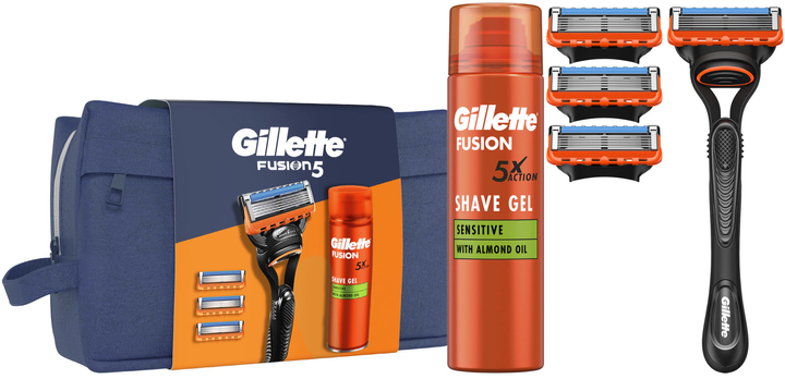 Zestaw kosmetyków do golenia Gillette Fusion Maszynka do golenia + 4 wymienne ostrza + Żel do golenia 200 ml + kosmetyczka (8700216075510) - obraz 1