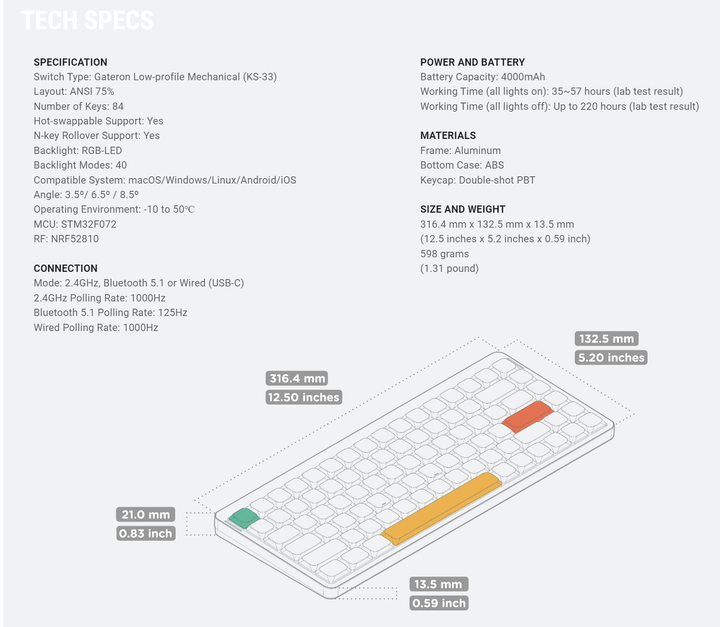 Беспроводная механическая клавиатура NuPhy Air75 V2 / Gateron Low-profile Blue 2.0 / Color - Ionic White / Hot-Swappable, RGB, ANSI US - изображение 12