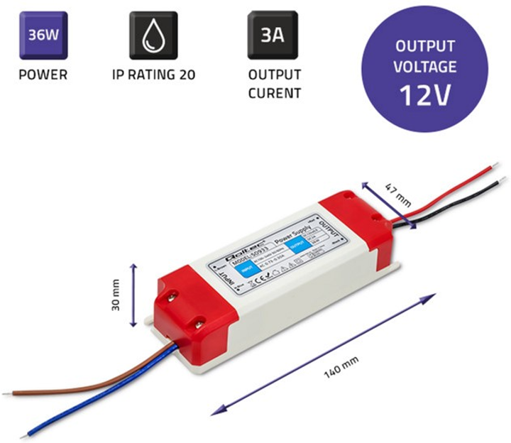 Zasilacz impulsowy Qoltec LED IP20, 36 W, 12 V, 3 A (50933) (5901878509334) - obraz 3