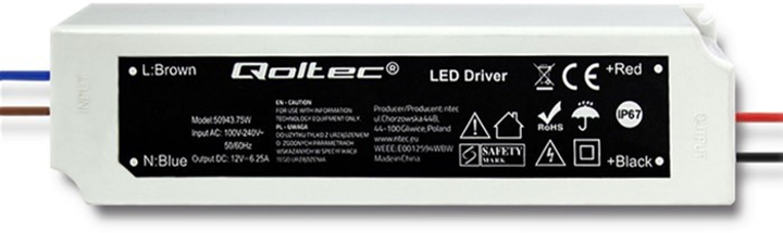 Zasilacz impulsowy Qoltec LED IP67 75W 12V 6,25A Wodoodporny biały (50943) (5901878509433) - obraz 1