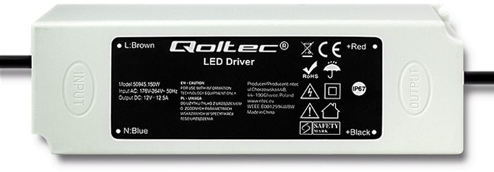 Zasilacz impulsowy Qoltec LED IP67, 150 W, 12 V, 12,5 A, wodoodporny Biały (50945) (5901878509457) - obraz 1