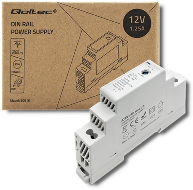 Блок живлення на DIN-рейку Qoltec 15 Вт, 12 В, 1.25A Сірий (50916) (5901878509167) - зображення 4