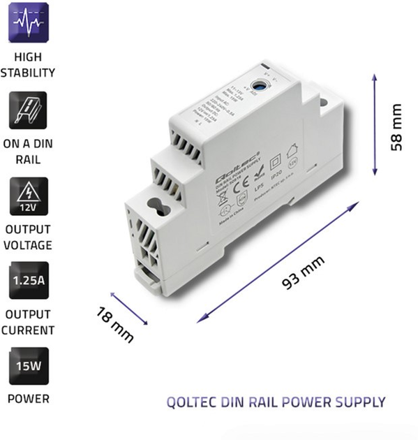 Блок живлення на DIN-рейку Qoltec 15 Вт, 12 В, 1.25A Сірий (50916) (5901878509167) - зображення 6