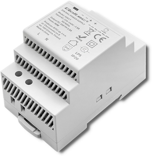 Zasilacz Qoltec na szynę DIN 60 W, 24 V, 2,5 A Szary (50921) (5901878509211) - obraz 1