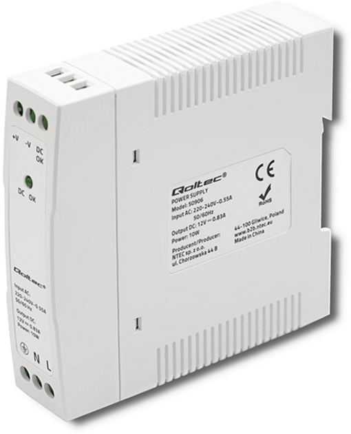 Zasilacz Qoltec na szynę DIN 10 W, 12 V, 0,83 A, Slim White (50906) (5901878509068) - obraz 1