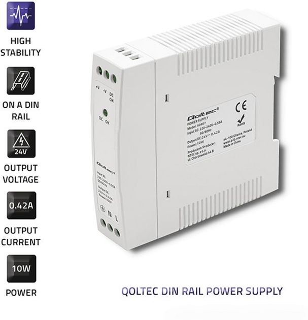 Zasilacz Qoltec na szynę DIN 10 W, 24 V, 0,42 A, Slim White (50907) (5901878509075) - obraz 6