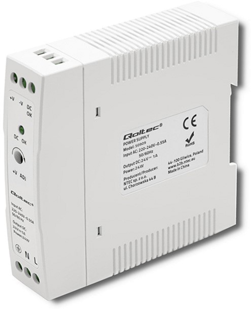 Zasilacz Qoltec na szynę DIN 24 W, 24 V, 1 A, Slim White (50909) (5901878509099) - obraz 1