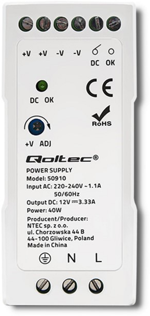 Блок живлення на DIN-рейку Qoltec 40 Вт, 12 В, 3.33A, Slim Білий (50910) (5901878509105) - зображення 2