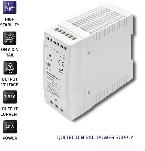 Zasilacz Qoltec na szynę DIN 40 W, 12 V, 3,33 A, Slim White (50910) (5901878509105) - obraz 5