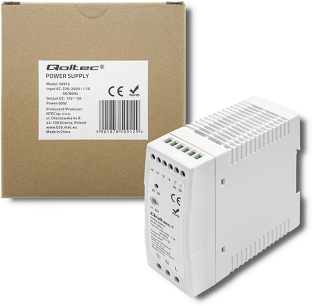 Блок живлення на DIN-рейку Qoltec 60 Вт, 12 В, 5A, Slim Білий (50912) (5901878509129) - зображення 3