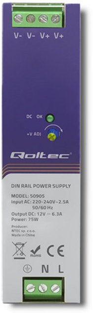 Блок живлення на DIN-рейку Qoltec 75 Вт, 12 В, 6.3A (50905) (5901878509051) - зображення 2