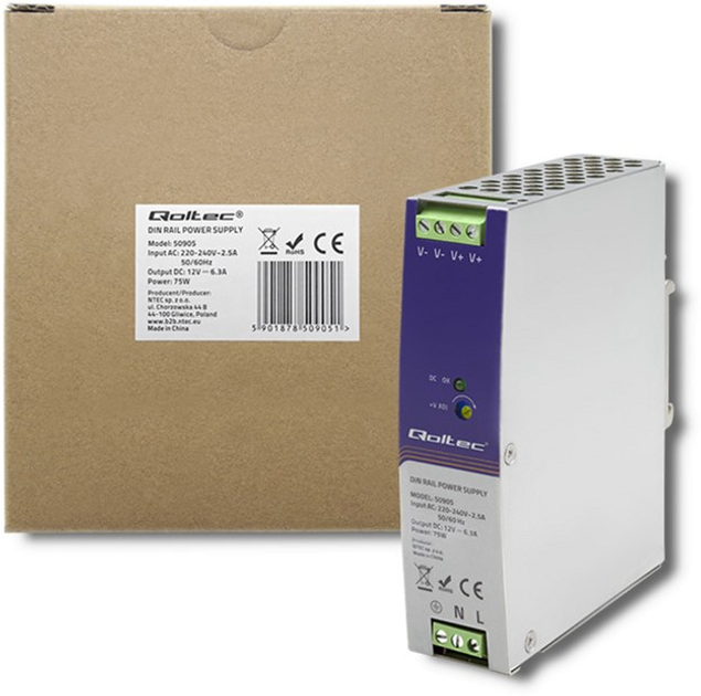 Zasilacz Qoltec na szynę DIN 75 W, 12 V, 6,3 A (50905) (5901878509051) - obraz 4