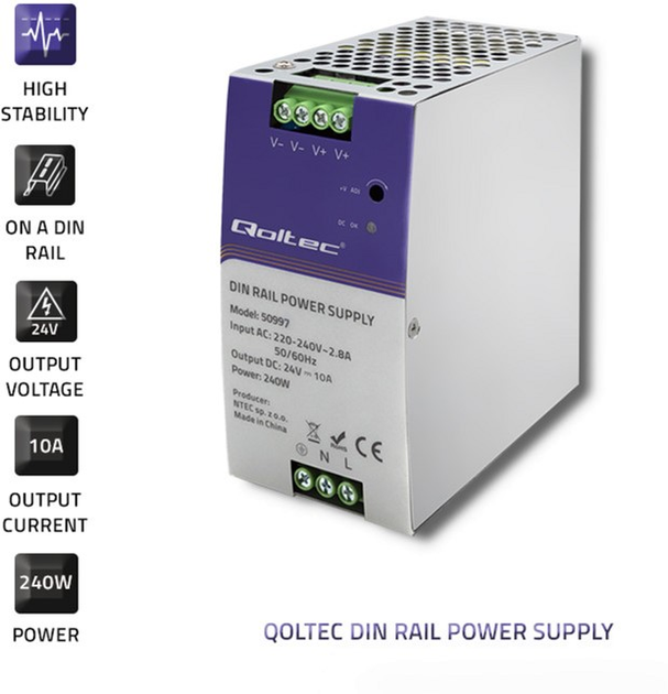 Zasilacz Qoltec na szynę DIN 240 W, 24 V, 10 A (50997) (5901878509976) - obraz 6