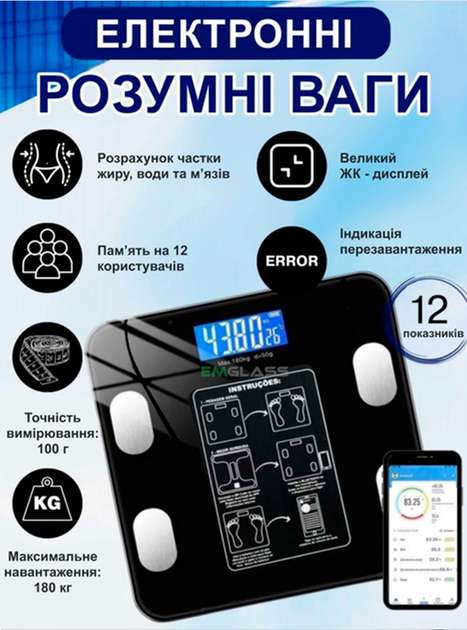 Умные смарт весы напольные 17А с приложением Bluetooth, до 180 кг (0,05 кг) - изображение 5