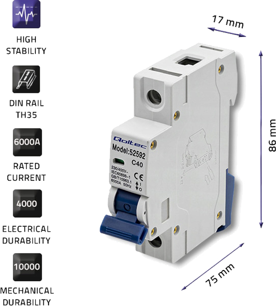 Wyłącznik automatyczny Qoltec C40 Bezpiecznik AC 40 A 1P (5901878525921) - obraz 2