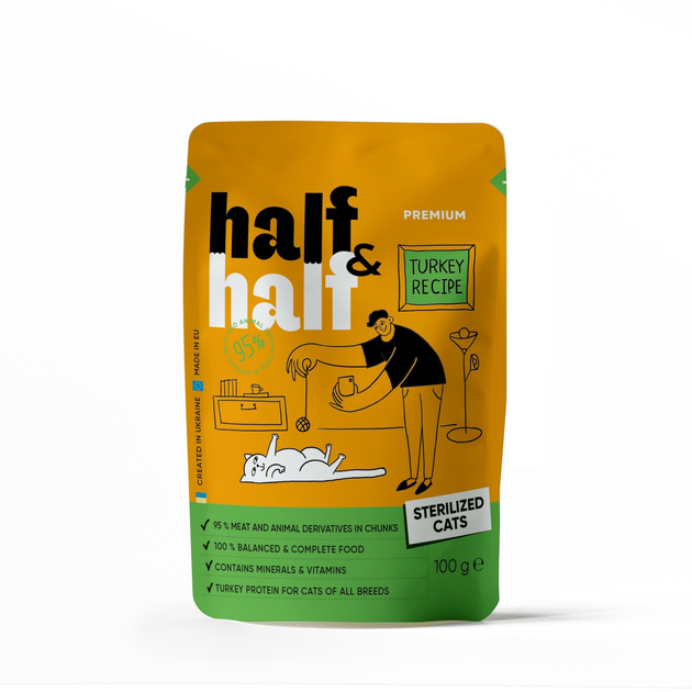 Корм влажный Half&Half для стерилизованных кошек, кусочки с индейкой в ...