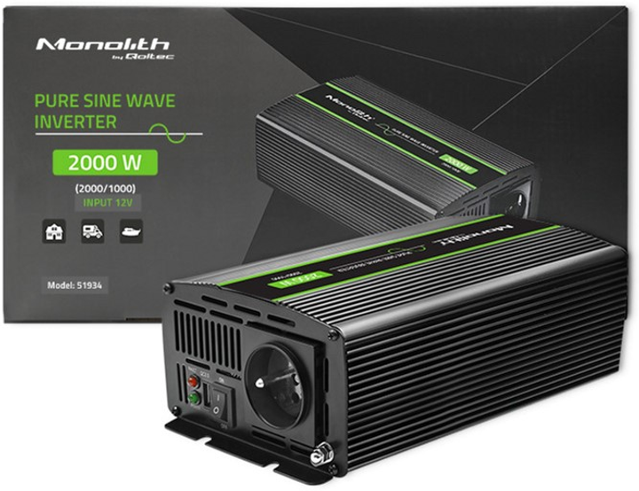 Автомобільний інвертор Qoltec Monolith 1000 Вт/2000 Вт, 12 В на 230 В, Чистий синус (51934) (5901878519340) - зображення 9