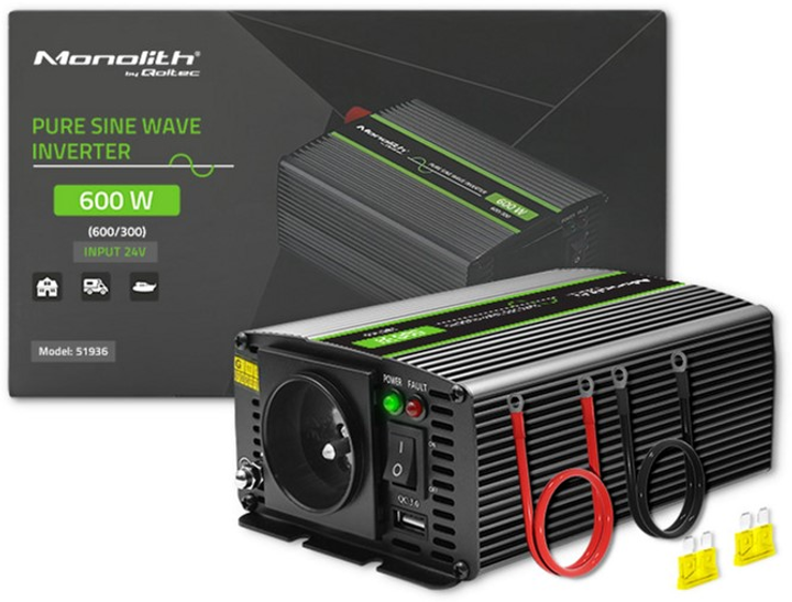 Przetwornica samochodowa Qoltec Monolith 300W/600W 24V na 230V czysty sinus (51936) (5901878519364) - obraz 10