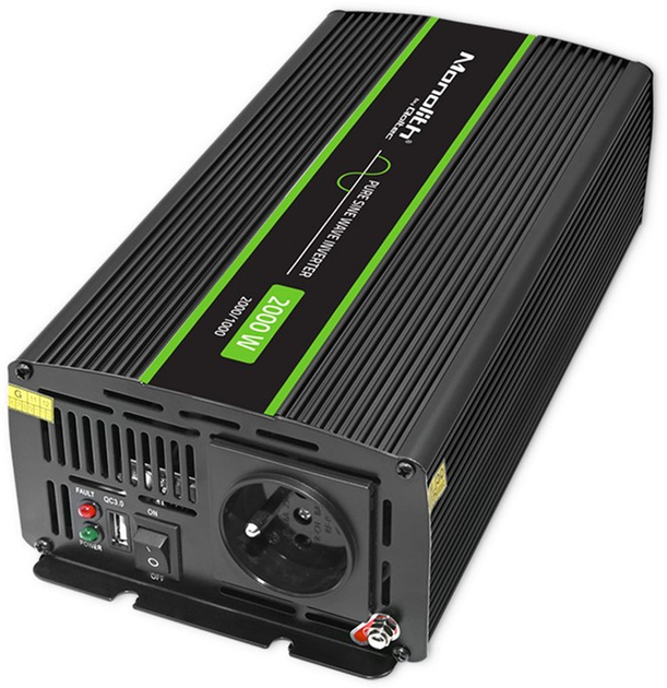 Автомобільний інвертор Qoltec Monolith 1000 Вт/2000 Вт, 24 В на 230 В, Чистий синус (51938) (5901878519388) - зображення 3