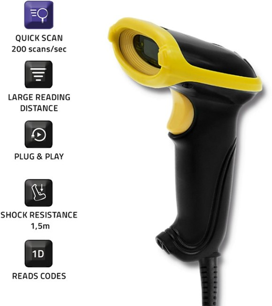 Сканер штрих-кодів Qoltec Laser 1D, USB Чорний з жовтими (50860) (5901878508603) - зображення 5
