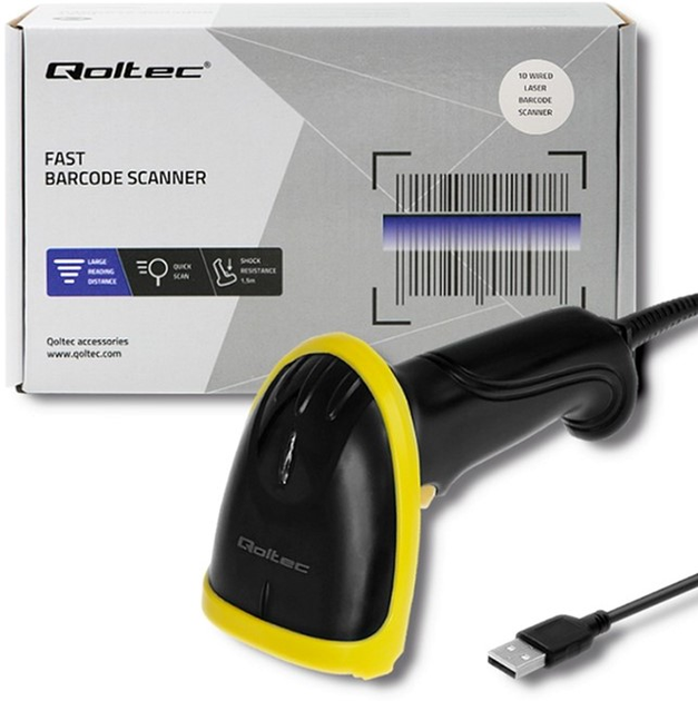 Сканер штрих-кодів Qoltec Laser 1D, USB Чорний з жовтими (50860) (5901878508603) - зображення 6