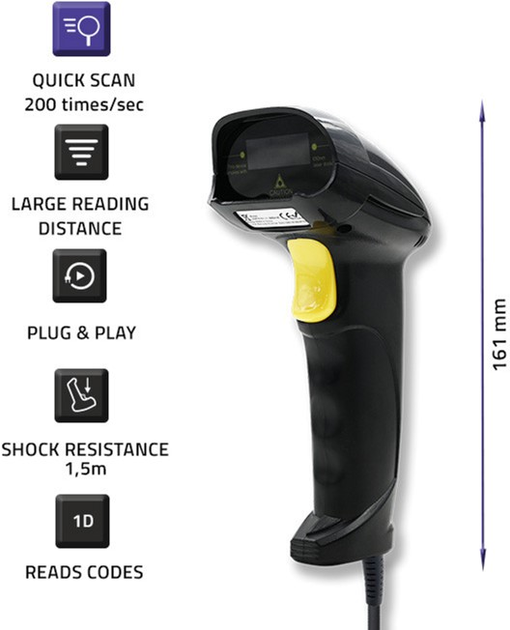 Сканер штрих-кодів Qoltec Laser 1D, USB Чорний (50876) (5901878508764) - зображення 5