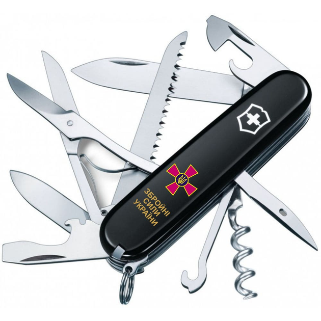 Швейцарський ніж Victorinox HUNTSMAN ARMY 91мм/15 функцій, чорні накладки, Емблема ЗСУ + Напис ЗСУ - зображення 1