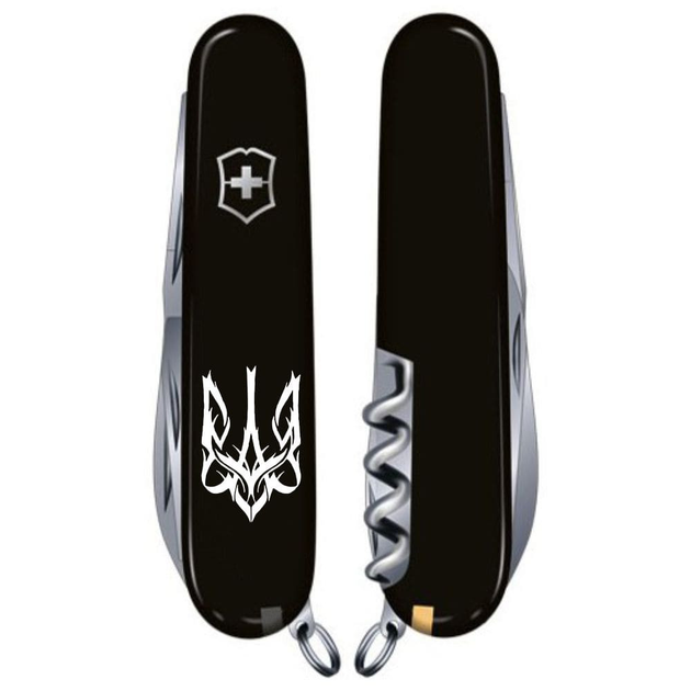 Ніж складаний 91 мм, 15 функцій Victorinox HUNTSMAN UKRAINE Чорний/Трезубець готичний білий - зображення 2