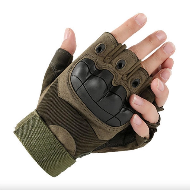 Перчатки тактические без пальцев летние для ВСУ c защитой на костяшках армейские L/9 Хаки - изображение 2