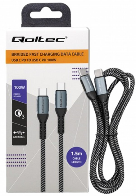 Kabel Qoltec USB Type-C 2.0 - USB Type-C 2.0 100 W 1.5 m czarny (5901878523583) - obraz 1