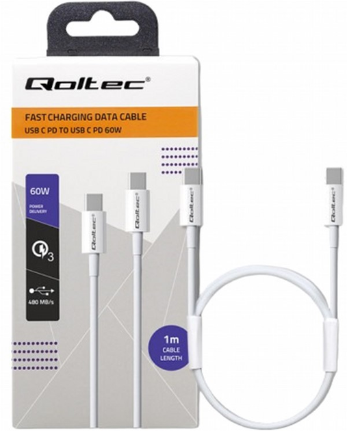 Кабель Qoltec USB Type-C 2.0 - USB Type-C 2.0 60 W 1 м White (5901878523590) - зображення 1