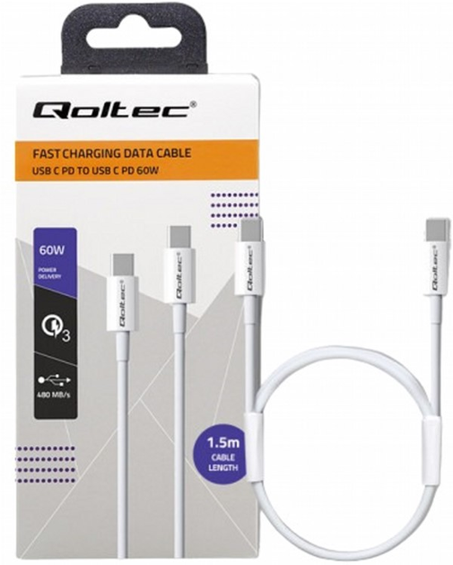 Kabel Qoltec USB Type-C 2.0 - USB Type-C 2.0 60 W 1.5 m biały (5901878523606) - obraz 1