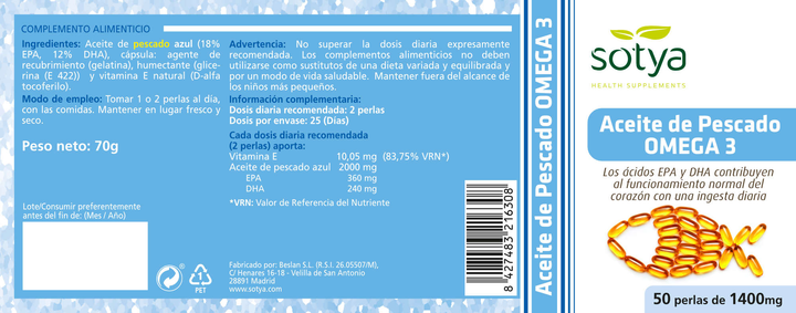 Suplement diety Sotya Aceite Pescado Omega 3 1400 mg 50 pereł (8427483216308) - obraz 4