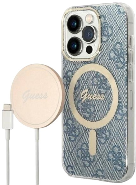 Etui + Ładowarka Guess 4G Print MagSafe do Apple iPhone 14 Pro Max Blue (3666339102999) - obraz 1