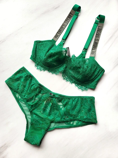 Бюстгальтер кружевной с камушками на шлейках Victoria's Secret Зеленый А-827 36C/C80 - изображение 6