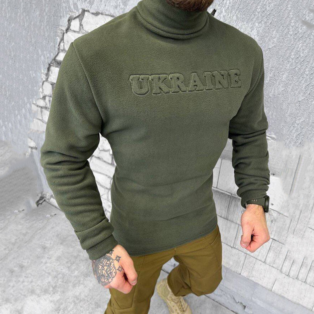 Чоловічий Флісовий Гольф з довгим рукавом / Щільна Водолазка з принтом "Ukraine" олива розмір L - зображення 2