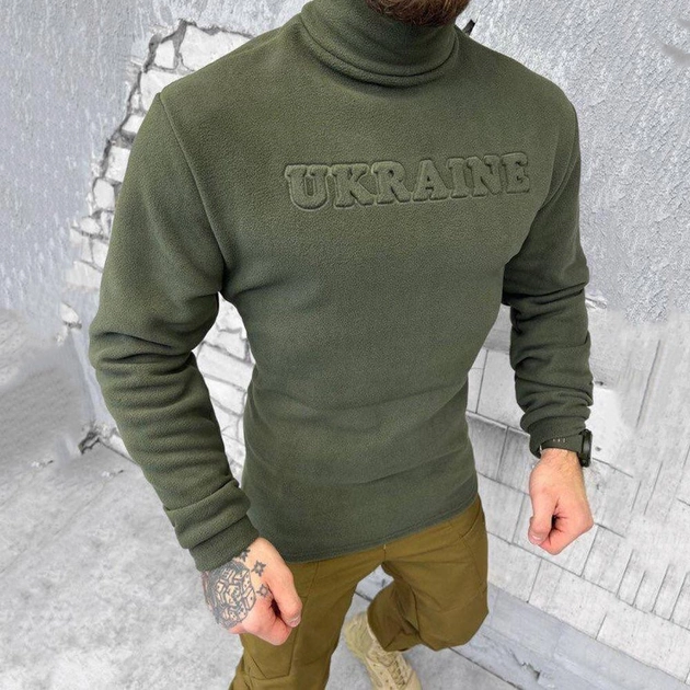 Чоловічий Флісовий Гольф з принтом "Ukraine" / Щільна Водолазка олива розмір M - зображення 2