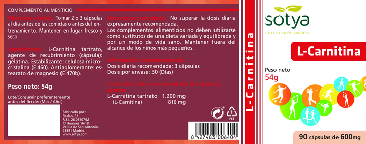 Дієтична добавка Sotya L Carnitina 600 мг 90 капсул (8427483006404) - зображення 2