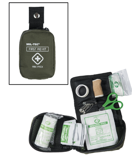 Аптечка тактична туристична Mil-Tec Першої допомоги Із кріпленням Pack Mini Олива FIRST AID PACK MINI OLIV (16025800) - изображение 1