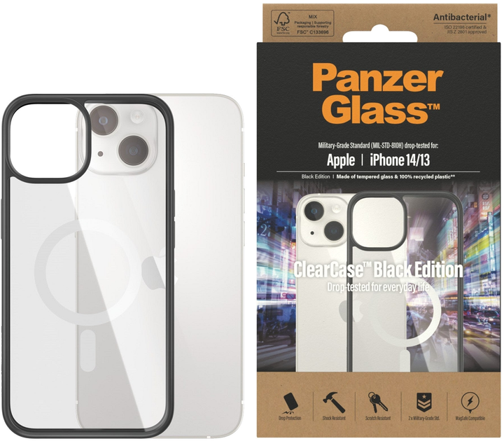 Etui Panzer Glass Clear Case Antibacterial MagSafe do Apple iPhone 13/14 Black (5711724004131) - obraz 1