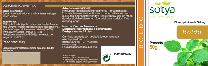 Suplement diety Sotya Boldo 500 mg 100 tabletek (8427483000280) - obraz 2