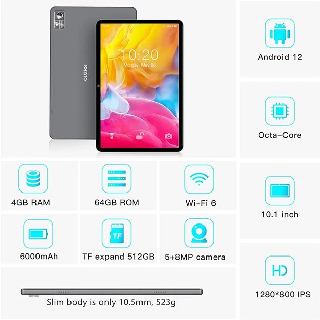 Планшет 10.1" OUZRS M3 4/64Gb 8 ядер Android 12 6000 mAh Серый - Фото 2 Планшет 10.1" OUZRS M3 4/64Gb 8 ядер Android 12 6000 mAh Серый - изображение 2