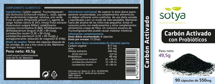 Suplement diety Sotya Carbon Activado Con Probiotico 90 kapsułek (8427483000600) - obraz 2