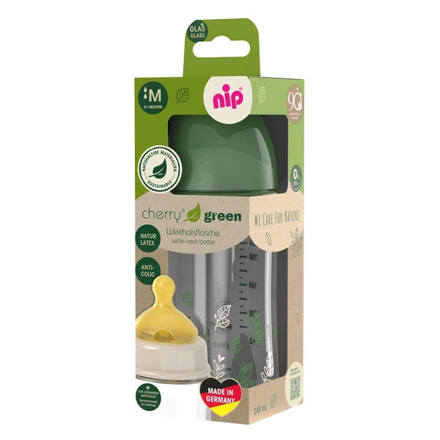 Бутылочка стекло с широким горлом и латексной соской NIP Cherry Green 240 мл 0+ (4000821351189) - изображение 2
